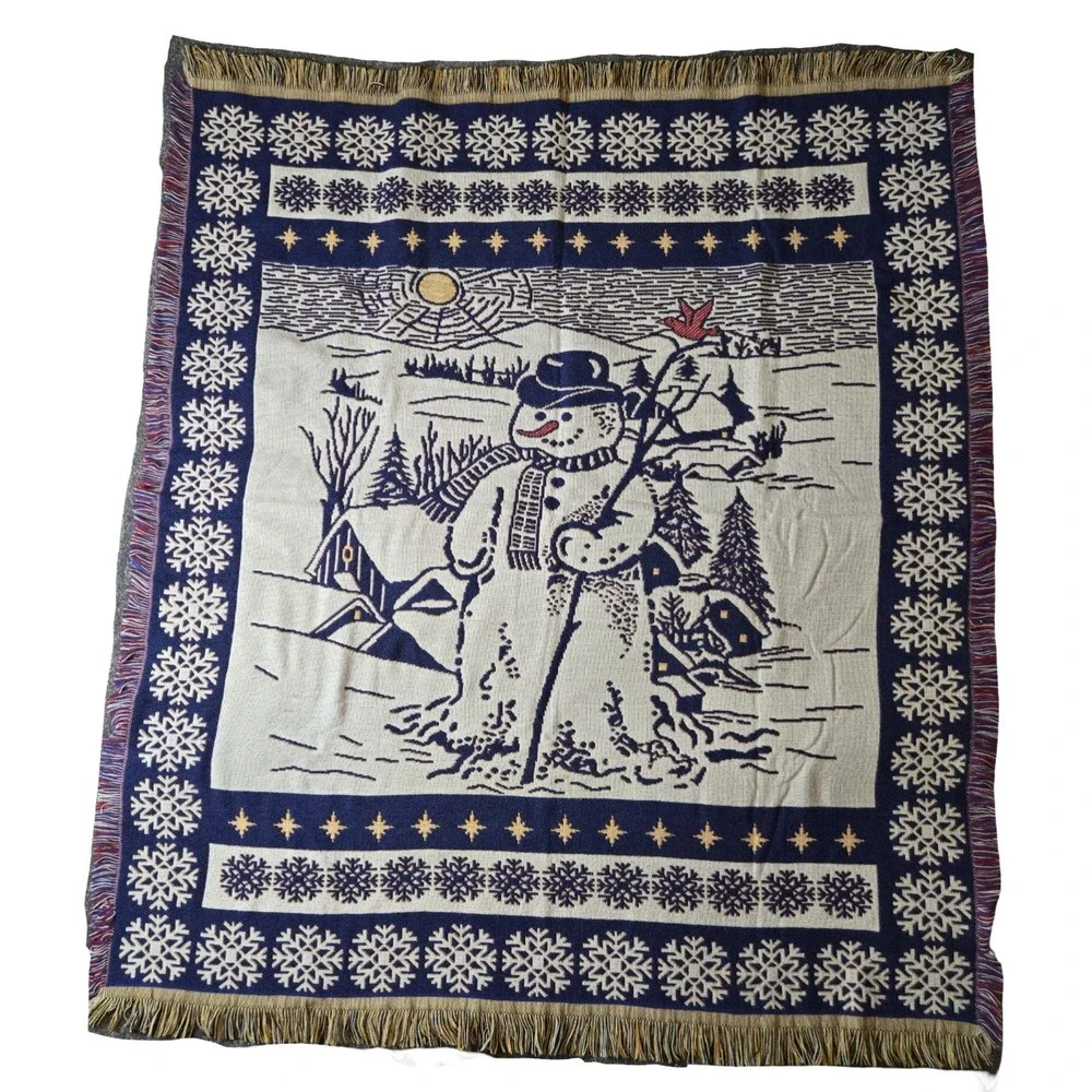 Vtg Snowman Woven Tapestry Throw Sofa Blanket‎ Made in USA Acrylic